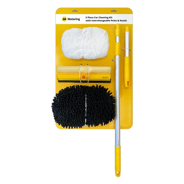 Rectangular yellow cardboard backing displaying 5 components of the car cleaning kit – a white polishing mop head on the top left, a yellow squeegee head with black rubber on the bottom, a black microfibre mop head on the bottom left, an extendable aluminium pole on the right and a short pole on the far right.