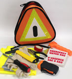 AA Vehicle Emergency Kit contents include emergency torch, blanket, water bag, gloves, hi vis vest, tools and warning triangle. The warning triangle doubles as a bag to keep everything together in its two pockets – the back pocket helps keep the triangle upright in an emergency situation.
