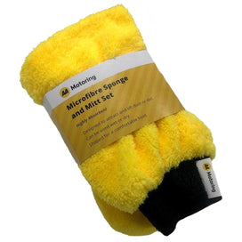 AA Motoring Microfibre Sponge & Mitt Set. Yellow with black elasticated wrist band on the mitt. Highly absorbent; designed to attract and lift dust or dirt; mitt can be used wet or dry; sponge is shaped for a comfortable hold