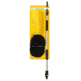Rectangular yellow cardboard backing displaying a yellow soft bristled brush on the top left, a black microfibre mop head on the bottom left and an extendable aluminium pole on the right.
